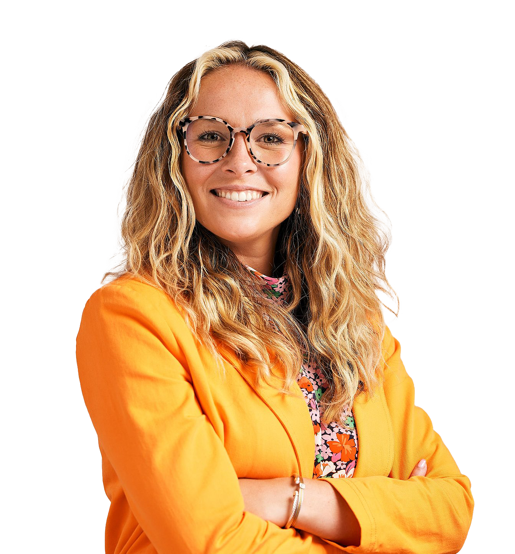 women in orange blazer posing for photo 