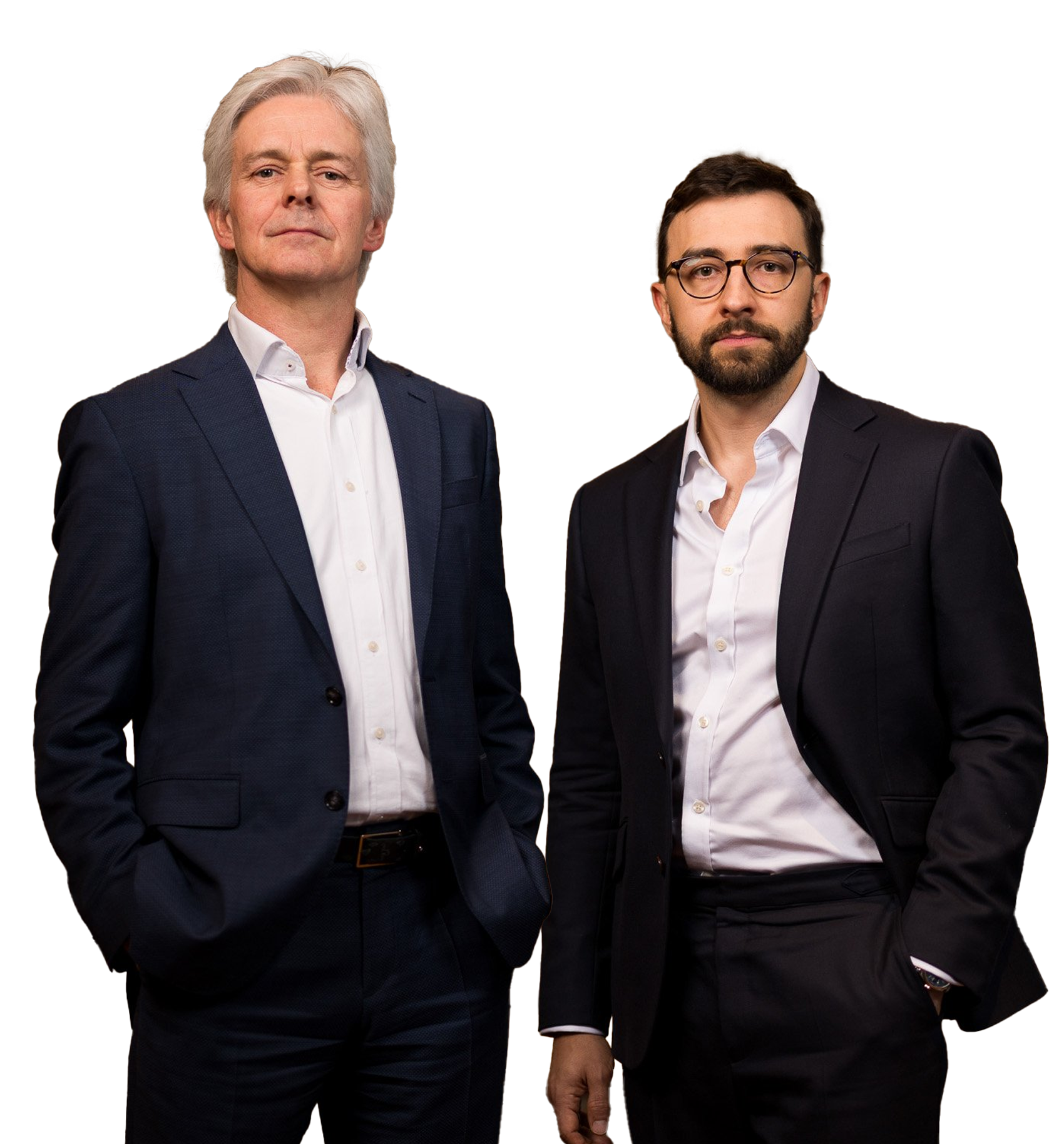 two corporate men standing in black suits