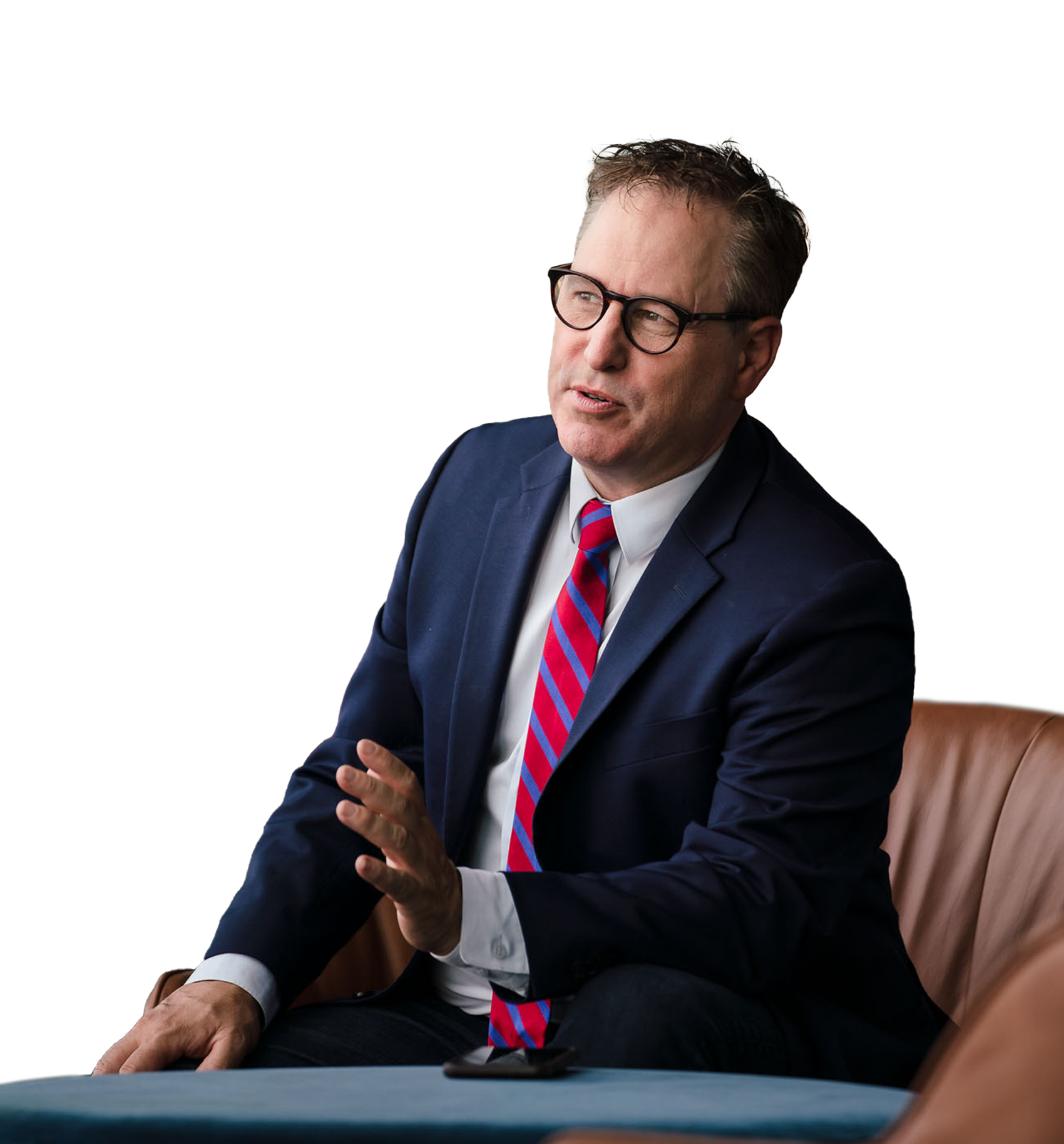 business man in suit with glasses and red striped tie